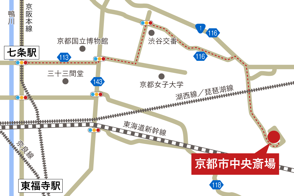京都市中央斎場への徒歩・バスでの行き方・アクセスを記した地図