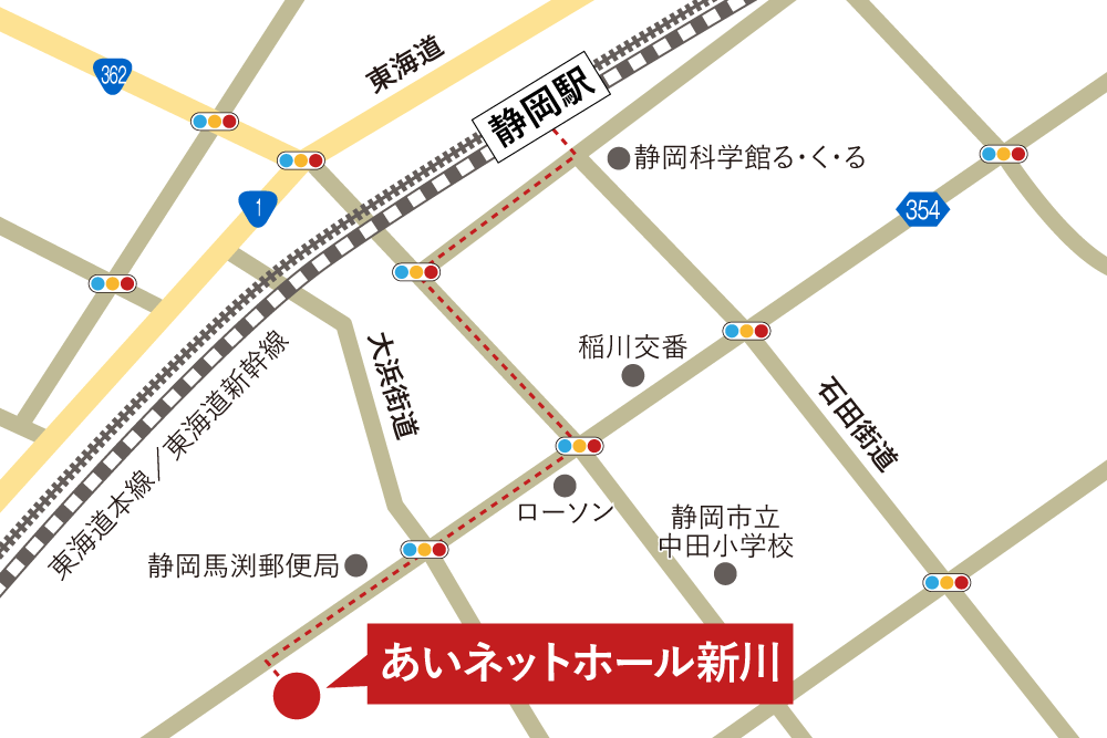 あいネットホール新川への徒歩・バスでの行き方・アクセスを記した地図