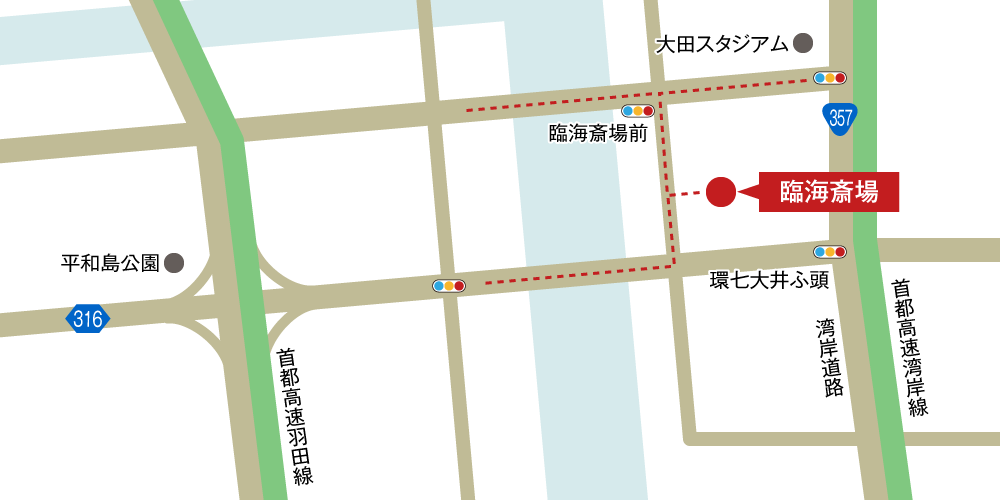 臨海斎場への車でのアクセス・行き方を示した地図